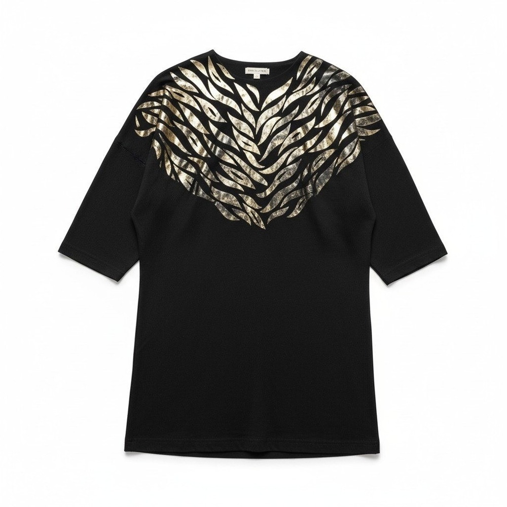 Daniel Black Metallic Gold Foil Graphic Tunic Top 3/4 Sleeve USA Made Vintage